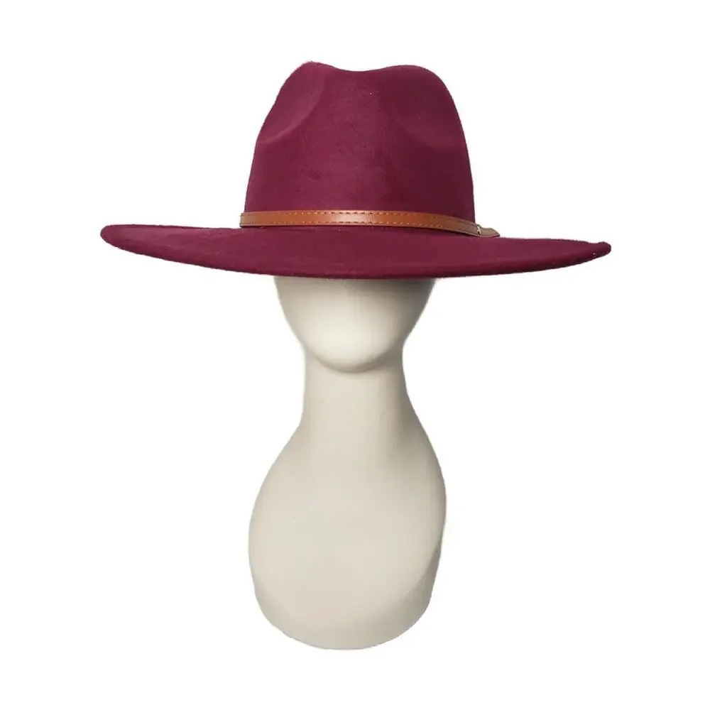 NWT Women's Wine Wide Brim Felt Fedora Hat Faux Leather Detail